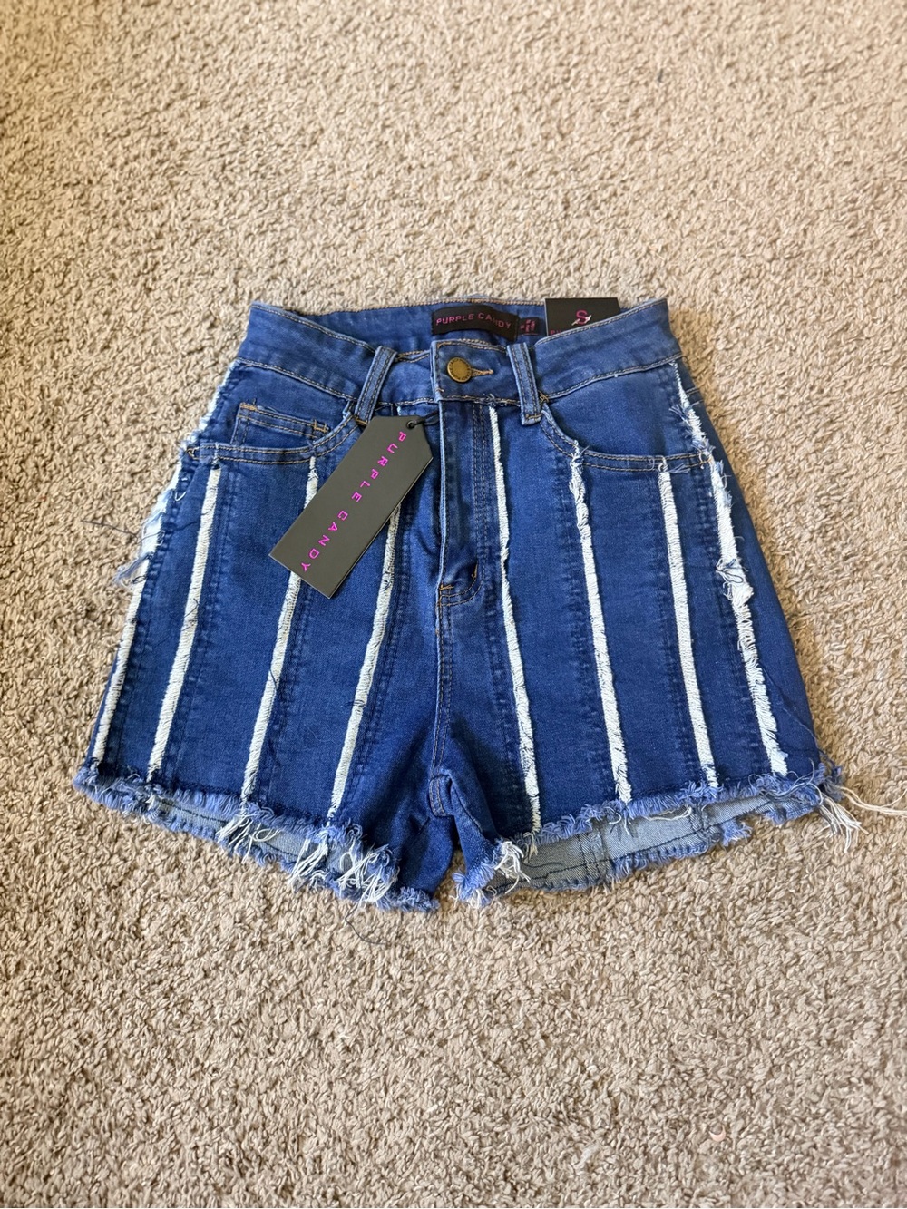 Striped High-Rise Denim Shorts in Blue